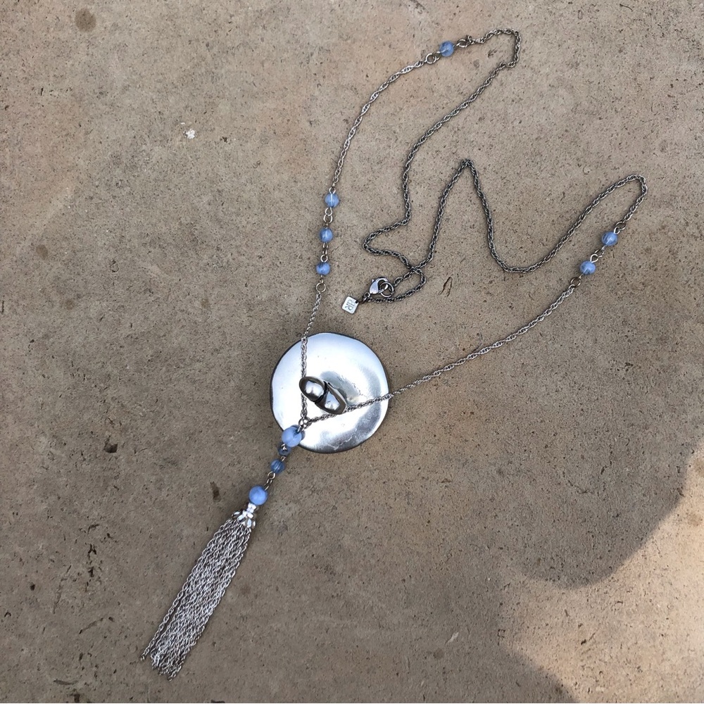 🪅 Banana Republic Silver Tassel Pendant Necklace with Blue Beads - Picture 4 of 9